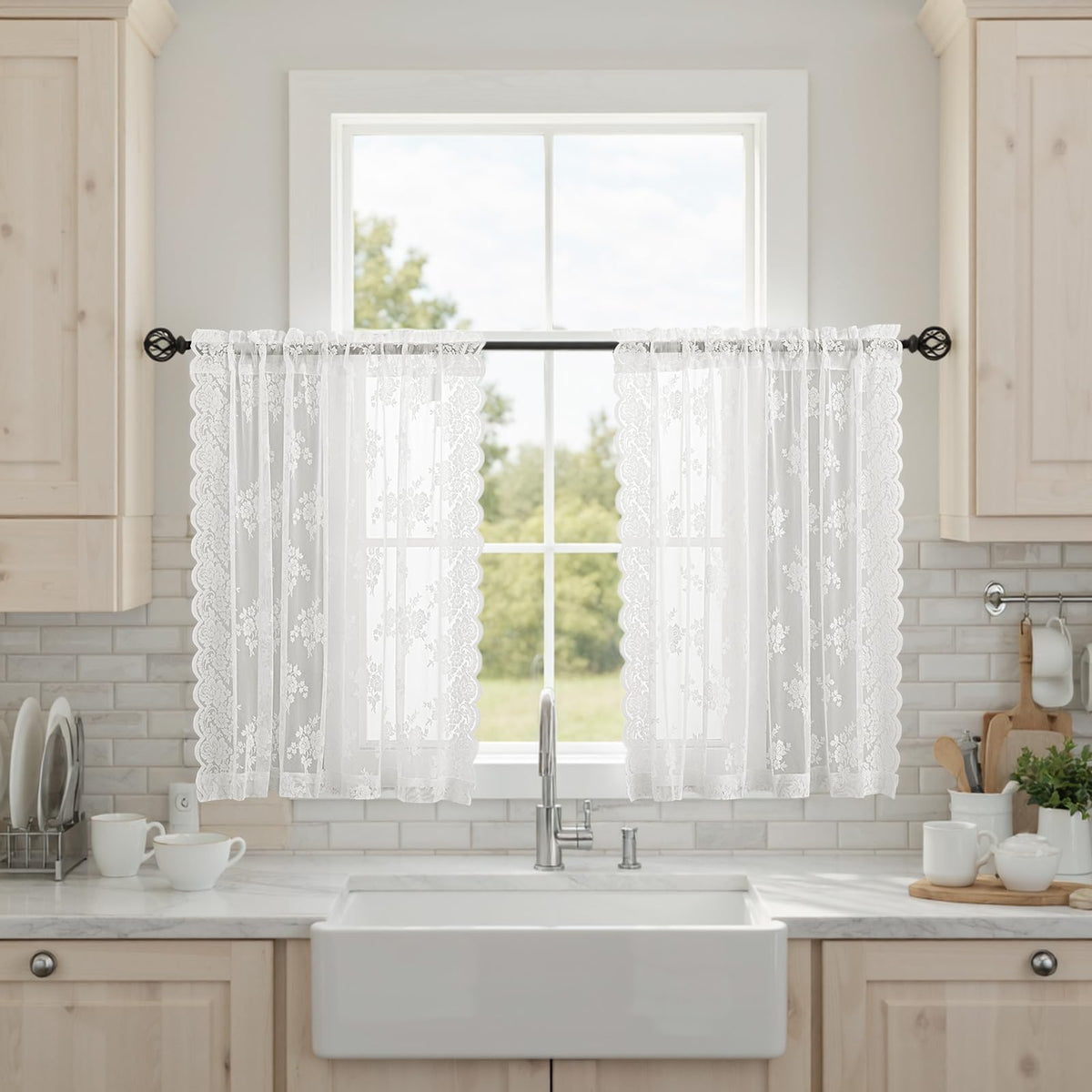 Kotile Short Beige Lace Curtains for Kitchen Windows W42xL45 Inch, 2 Panels