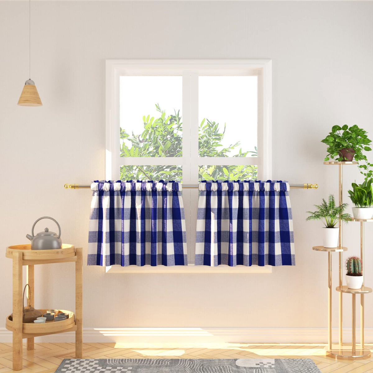 Buffalo Check Kitchen Tier Curtain 24 inches Long Plaid Gingham Rod Pocket Classic Cafe Curtains Country Farmhouse Kitchen Half Window Curtains 2 Panels Beige & White