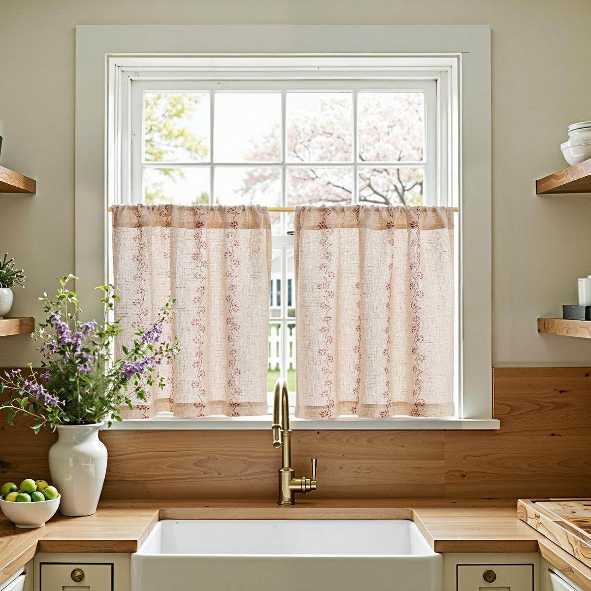 jinchan Hattie Floral Linen Kitchen Tier Curtains Beige 36 in 2 Panels