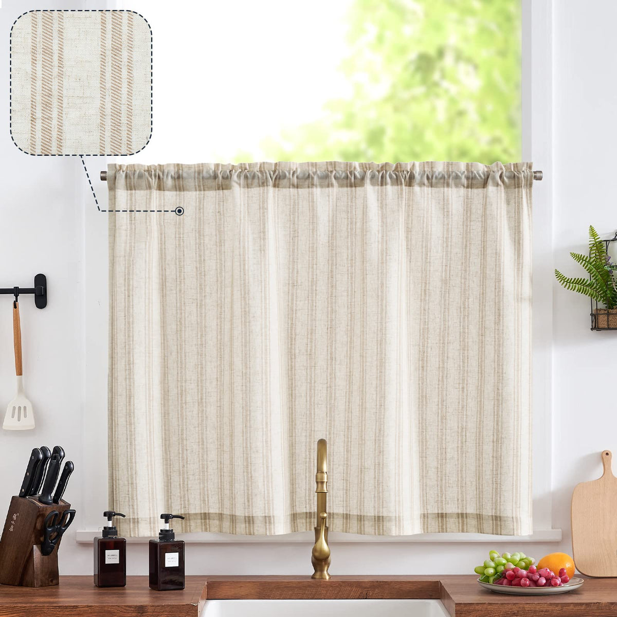 jinchan Linen Striped Tier Curtains for Kitchen Windows Farmhouse