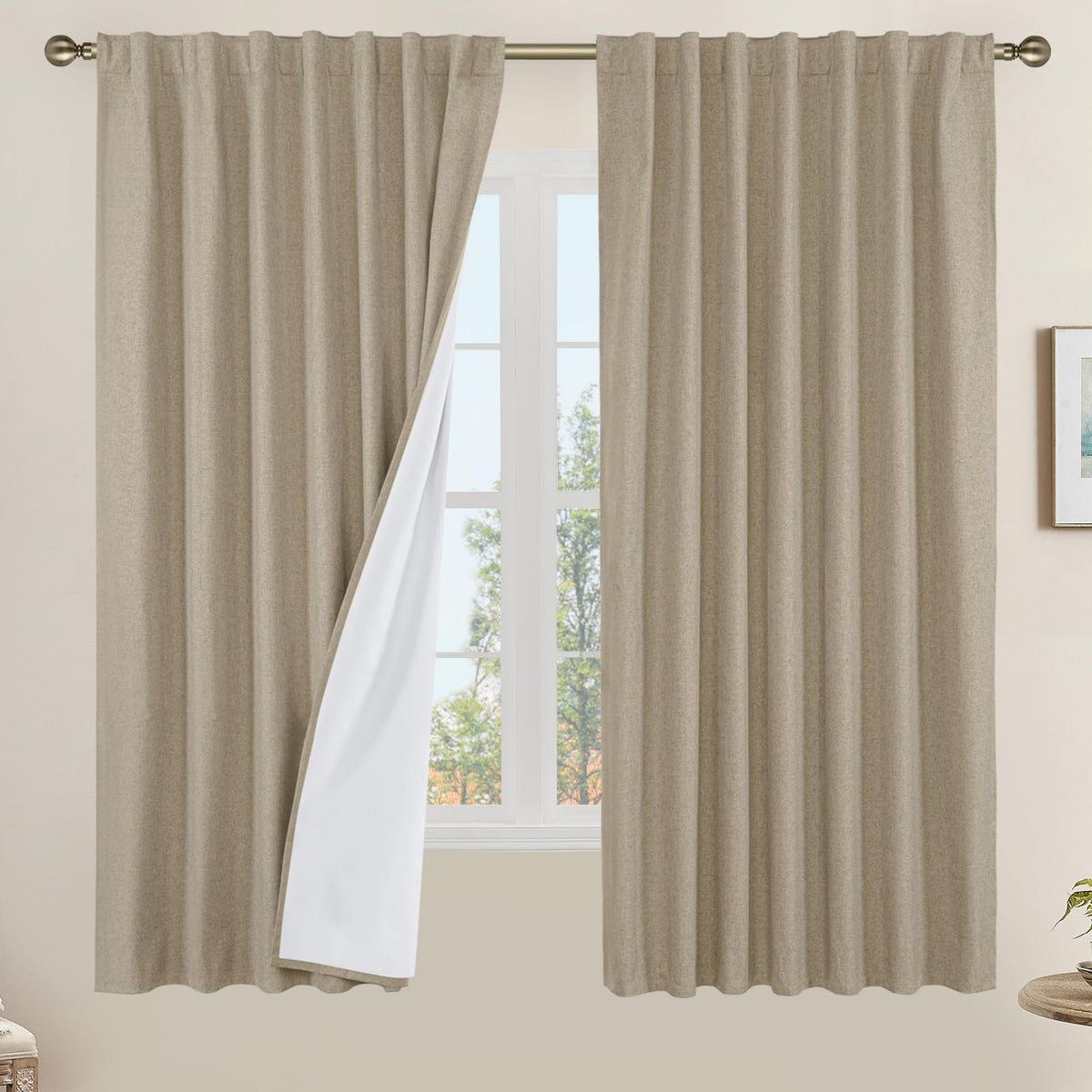LAMIT Full Blackout Linen Kitchen Window Curtains 36 Inches Long, Ivory