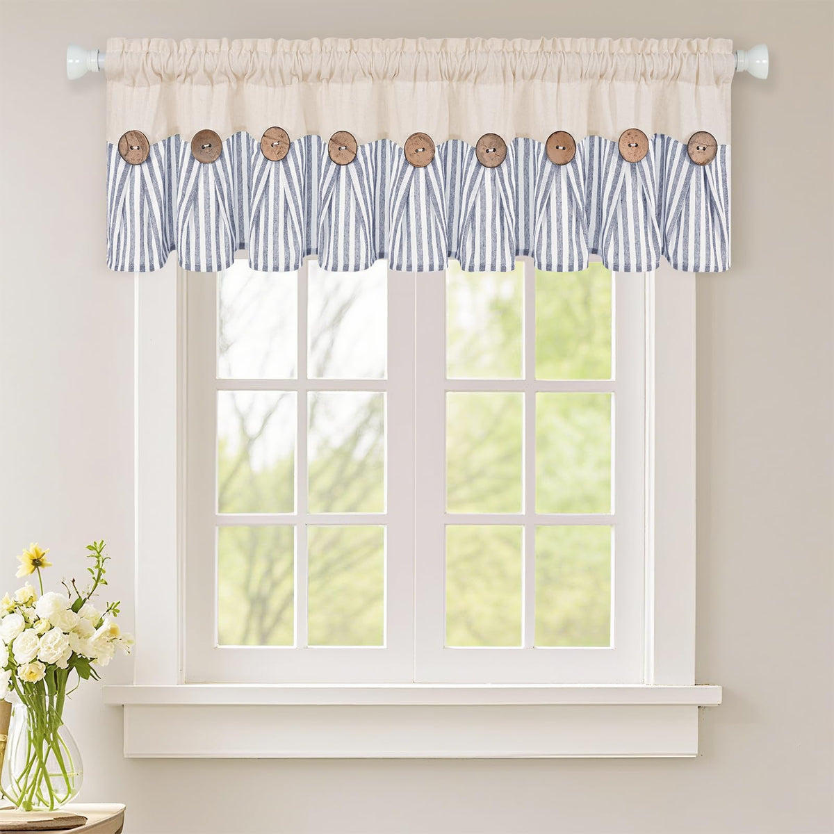 ASPMIZ Cotton Linen Kitchen Valance Curtains, Boho Rustic Button Linen Valances for Windows Farmhouse, Black with Grey Stripe Valance Window Topper Treatment Window Valances for Bathroom, 52 x 18 Inch