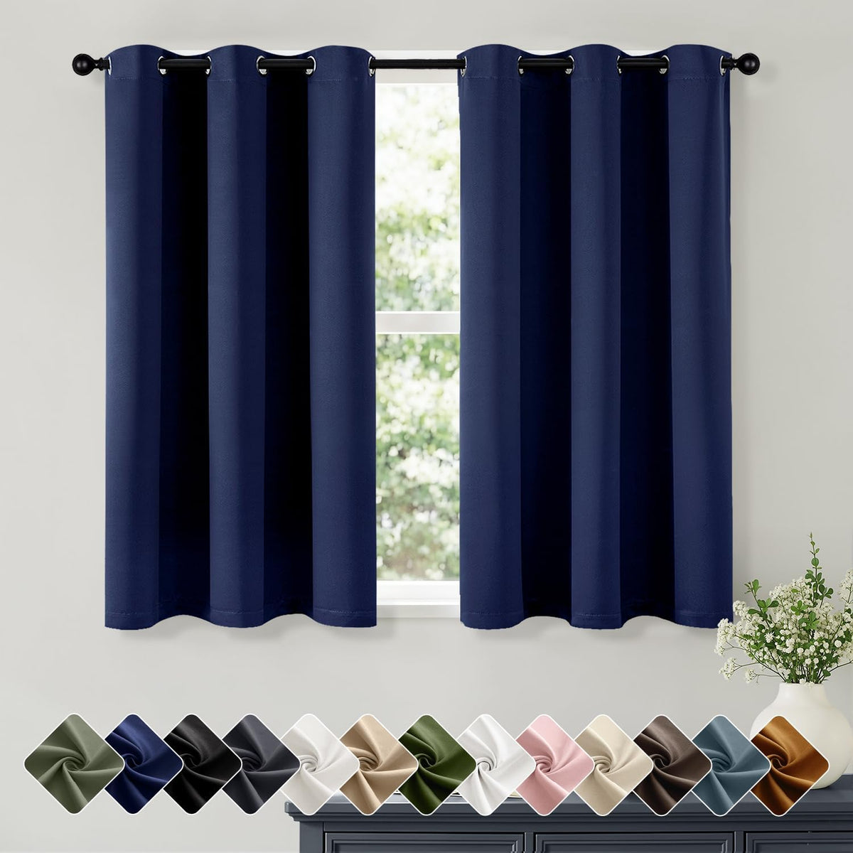Short Navy Blue Blackout Kitchen Curtain W40 x L45 Inch 2 Panels
