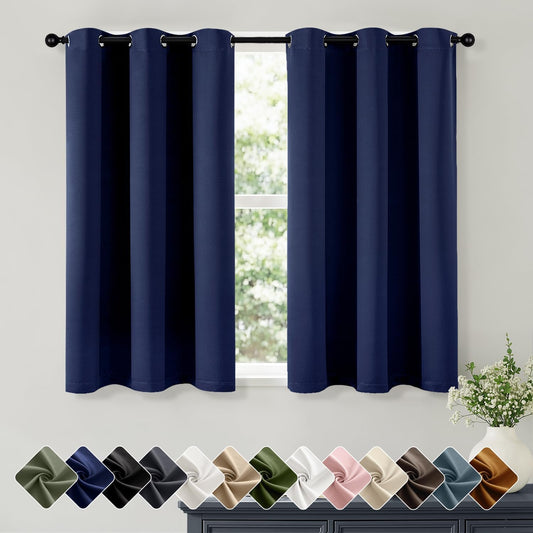 Short Navy Blue Blackout Kitchen Curtain W40 x L45 Inch 2 Panels