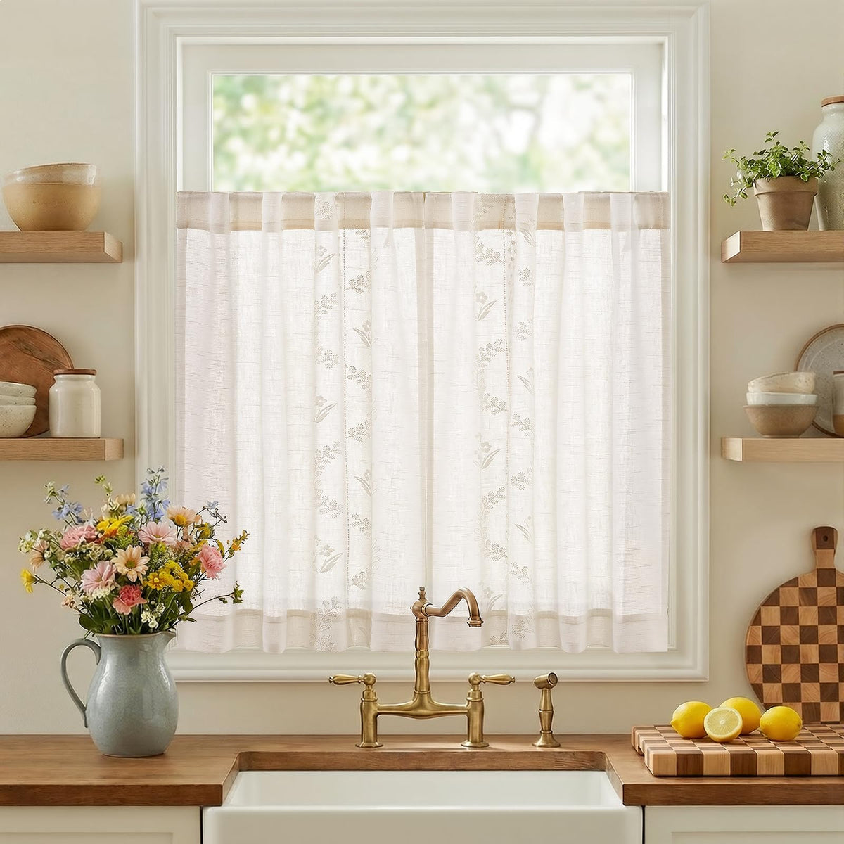 jinchan Beige Floral Linen Kitchen Tier Curtains 50x54 Inch 2 Panels