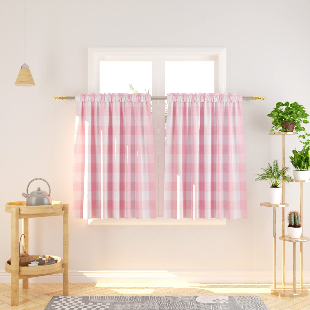 Buffalo Check Kitchen Tier Curtain 24 inches Long Plaid Gingham Rod Pocket Classic Cafe Curtains Country Farmhouse Kitchen Half Window Curtains 2 Panels Beige & White