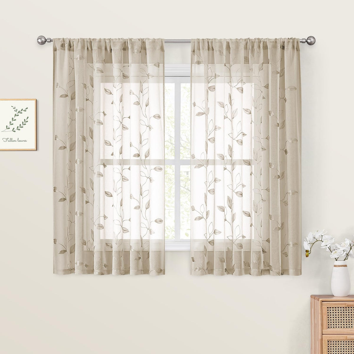 HOMEIDEAS Sage Green Kitchen Tier Curtains Leaf Embroidered, 30x36, 2 Panel