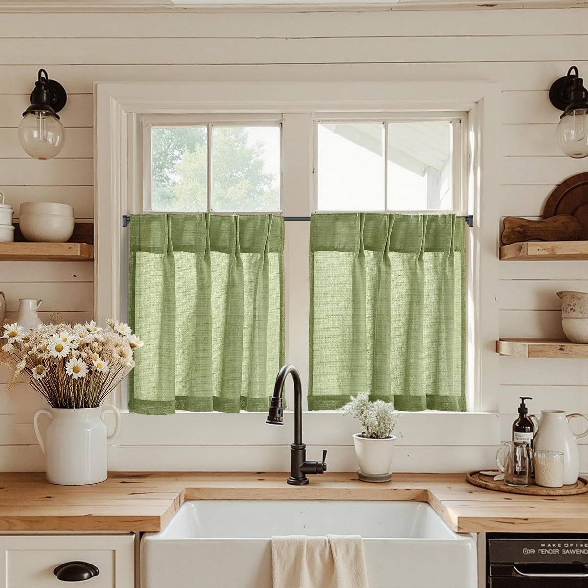 jinchan Linen Pinch Pleated Back Tab Tier Curtains, 26x24, Natural