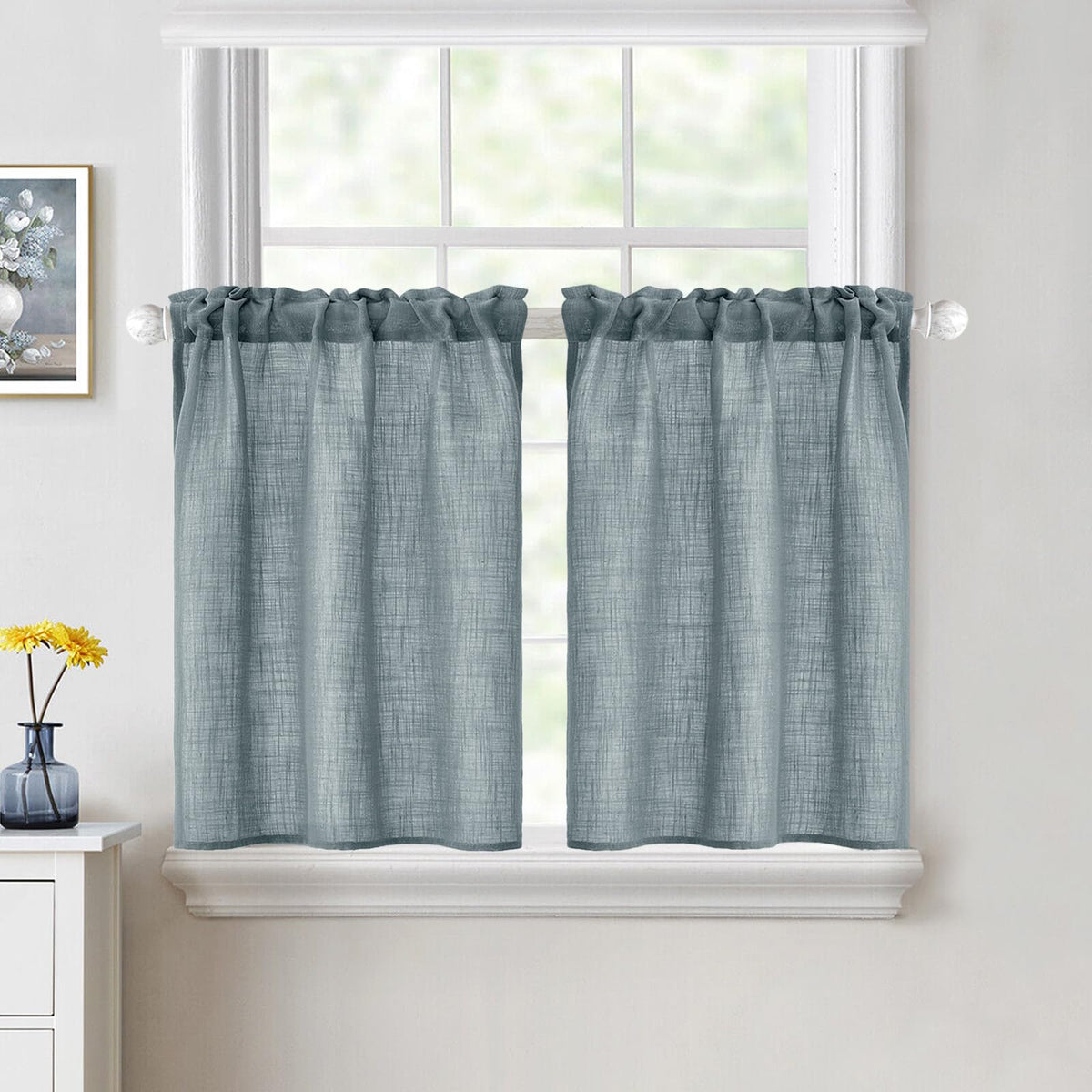 MIULEE Spring Linen Textured Kitchen Window Curtains over Sink 24 Inch Length Semi Sheer Farmhouse Small Curtains for Cafe Bathroom Basement, Short Rod Pocket Tier Curtains 2 Panels W26XL24 Sage Green