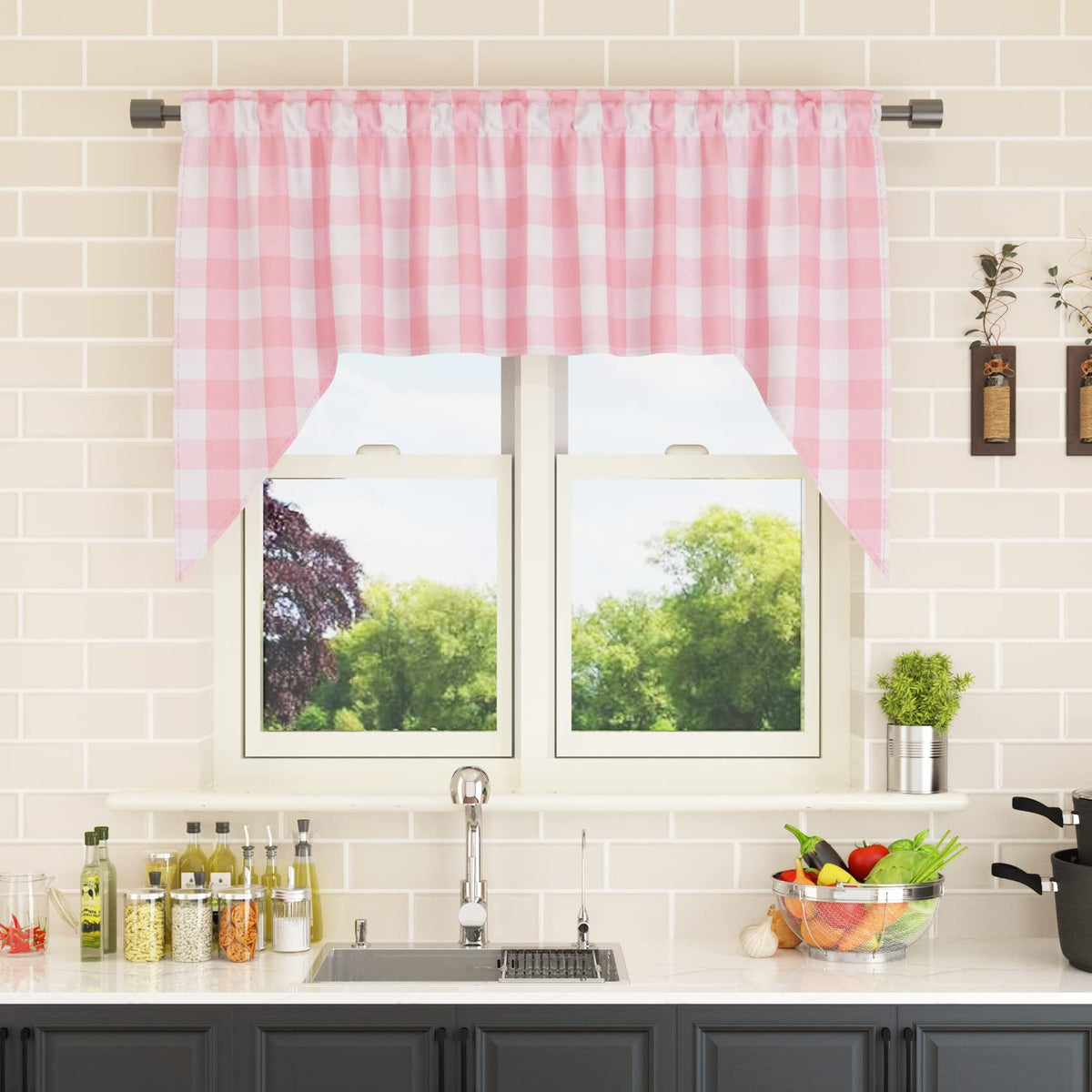 Buffalo Check Kitchen Tier Curtain 24 inches Long Plaid Gingham Rod Pocket Classic Cafe Curtains Country Farmhouse Kitchen Half Window Curtains 2 Panels Beige & White