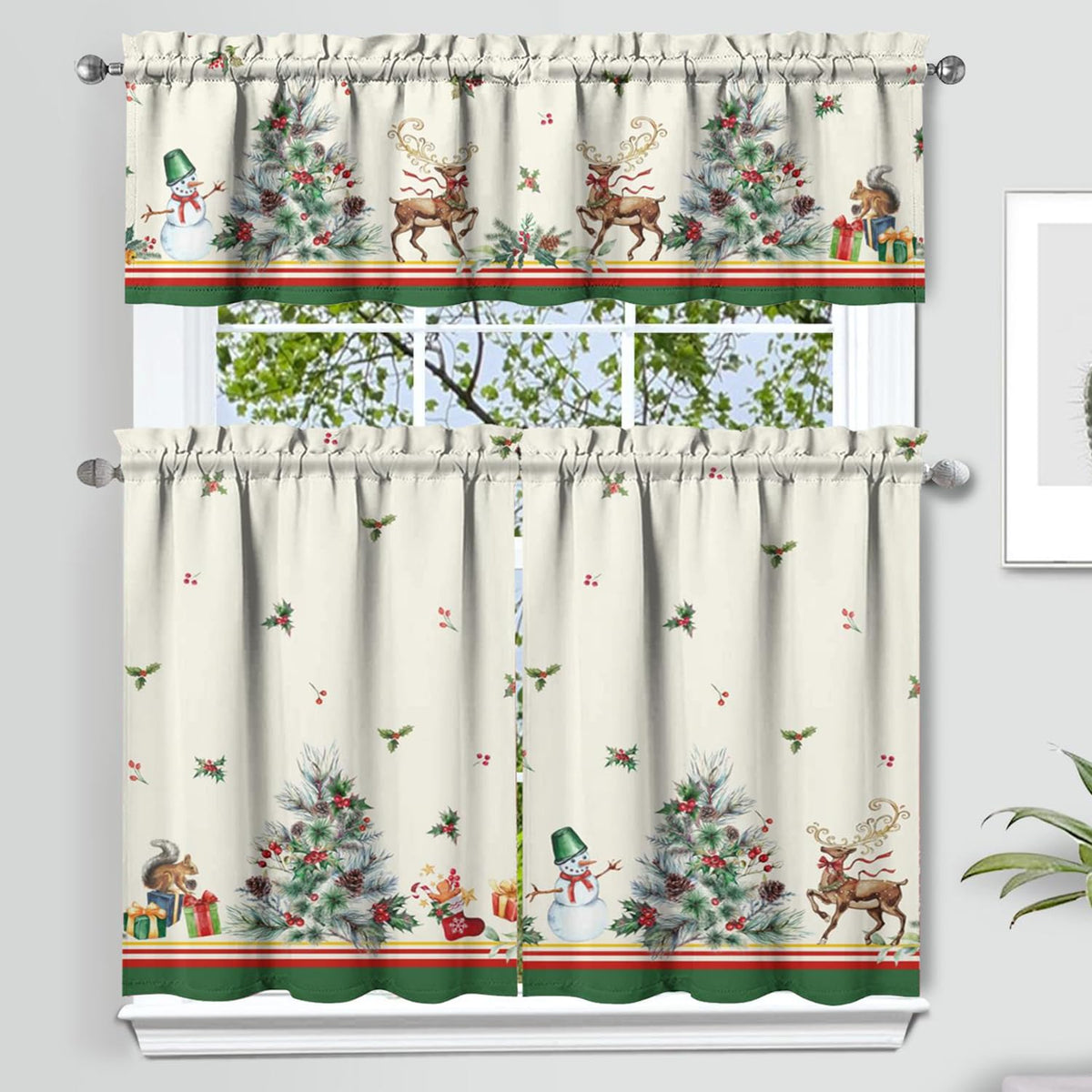 Sage Kitchen Curtain Valance 3 Piece Set, Sage Leaf Floral Kitchen Decor for Home Interior, Farmhouse Style Sink Window Curtains 36 Inch