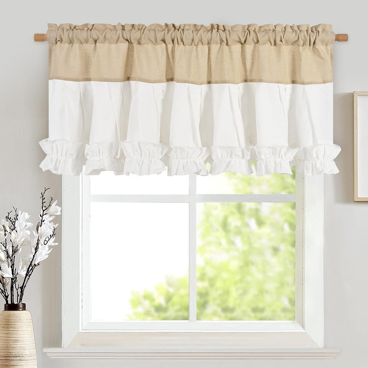 Likiyol Linen Valances for Windows Farmhouse Ruffle Swag Valance Rustic Country Window Valances Light Filtering Kitchen Curtains Rod Pocket Valance Curtains for Bathroom Cafe, Green, 60" W x 36" L