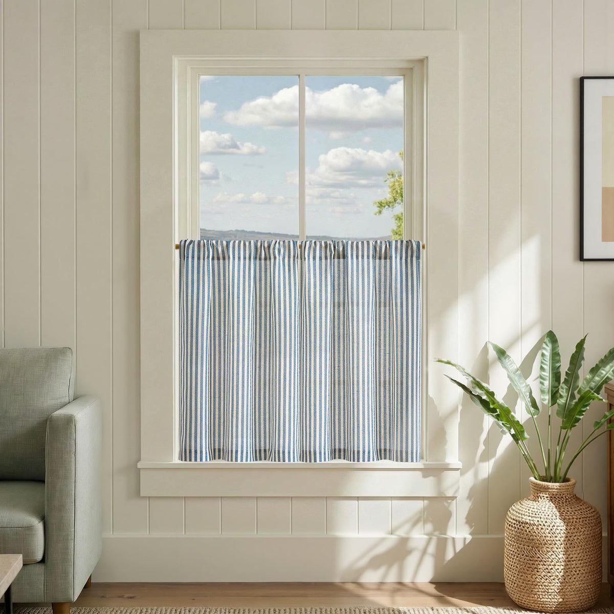 jinchan Striped Linen Kitchen Tier Curtains, 30 Inch, Sage Green, 2 Panels