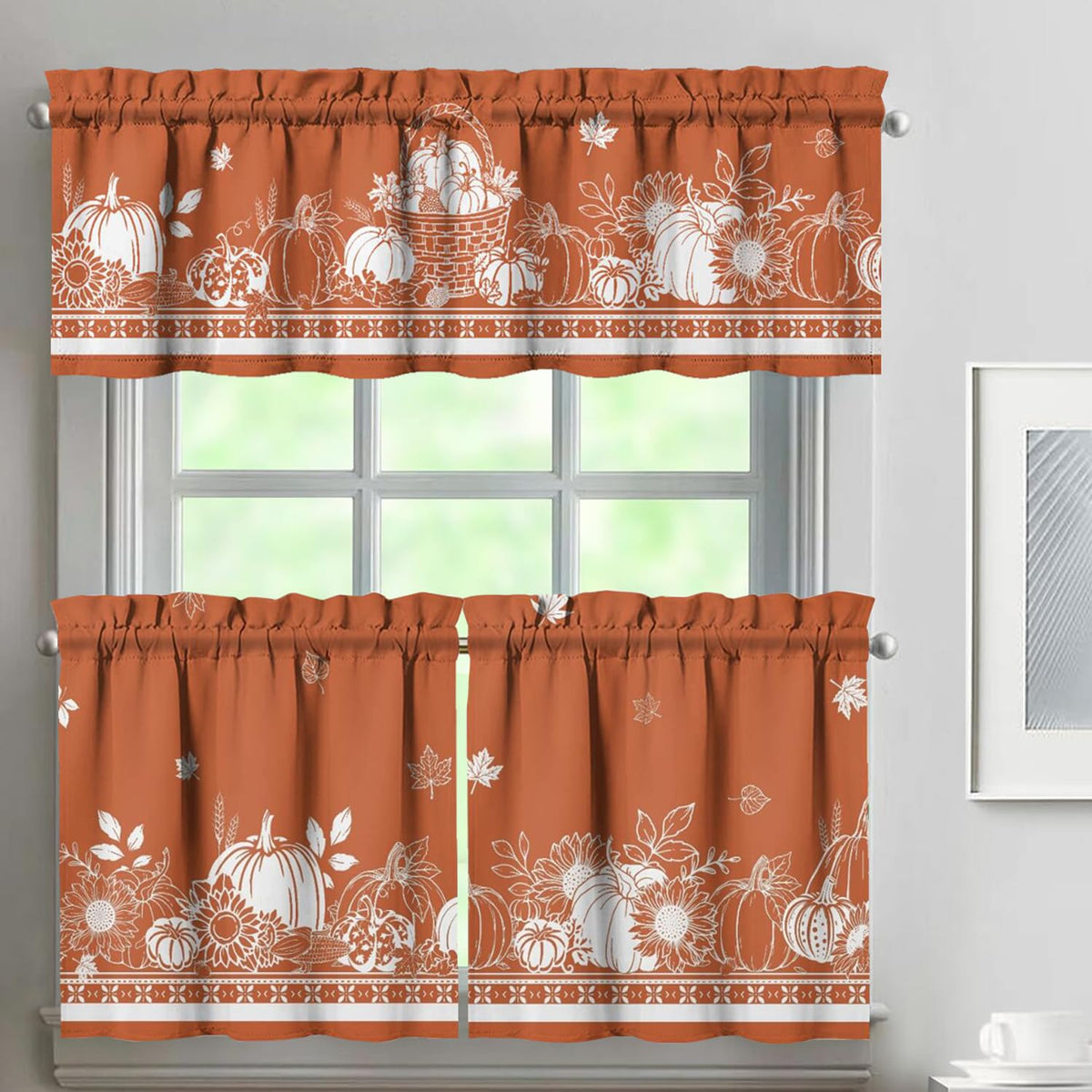 Sage Kitchen Curtain Valance 3 Piece Set, Sage Leaf Floral Kitchen Decor for Home Interior, Farmhouse Style Sink Window Curtains 36 Inch