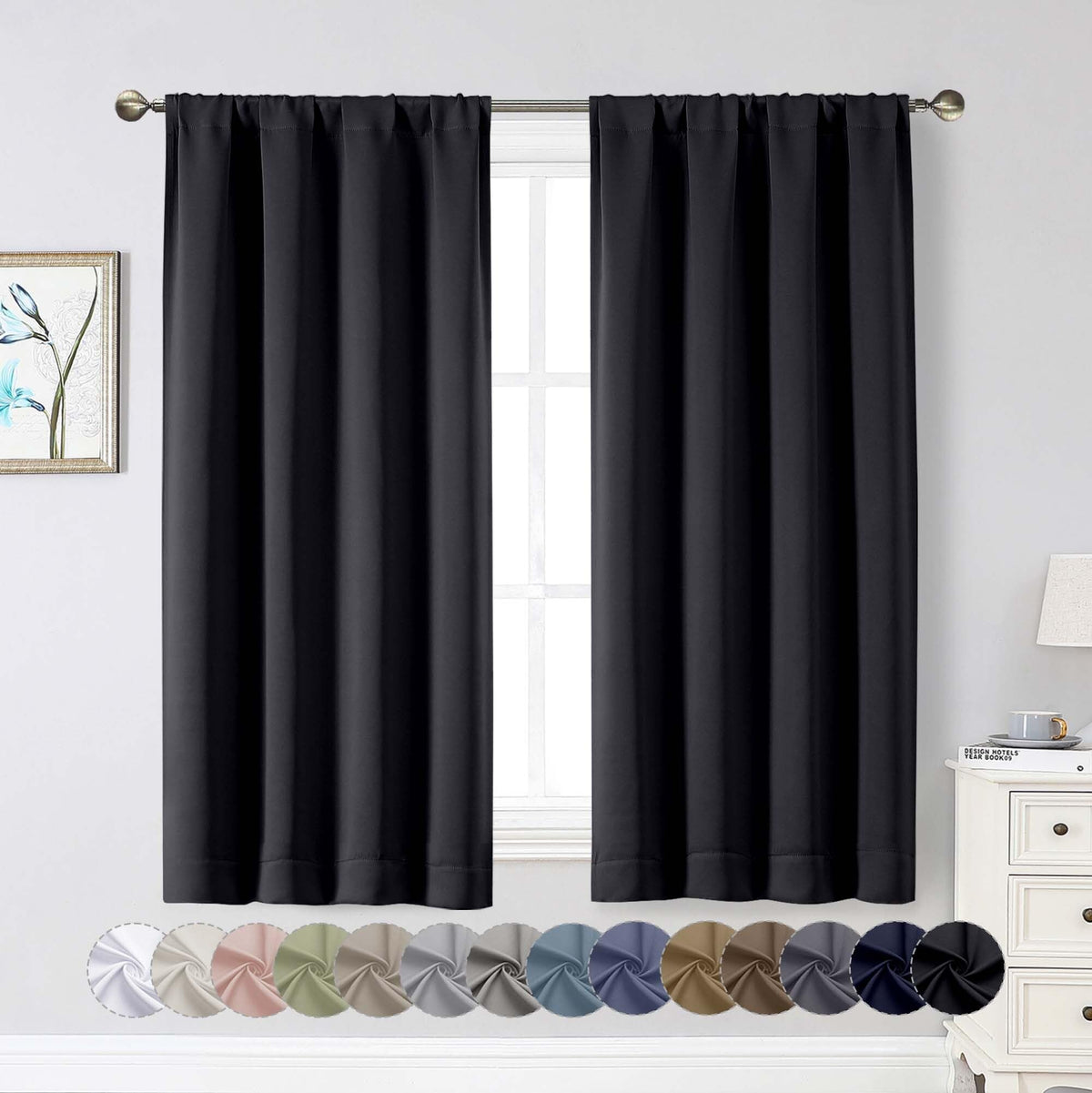 Black Cafe Blackout Curtains 36 Inch Length 2 Panels Set, Soft Solid Thermal Insulated Room Darkening Small Window Curtains for Kitchen Bathroom Basement, Black, Each, 40" Wx36 L