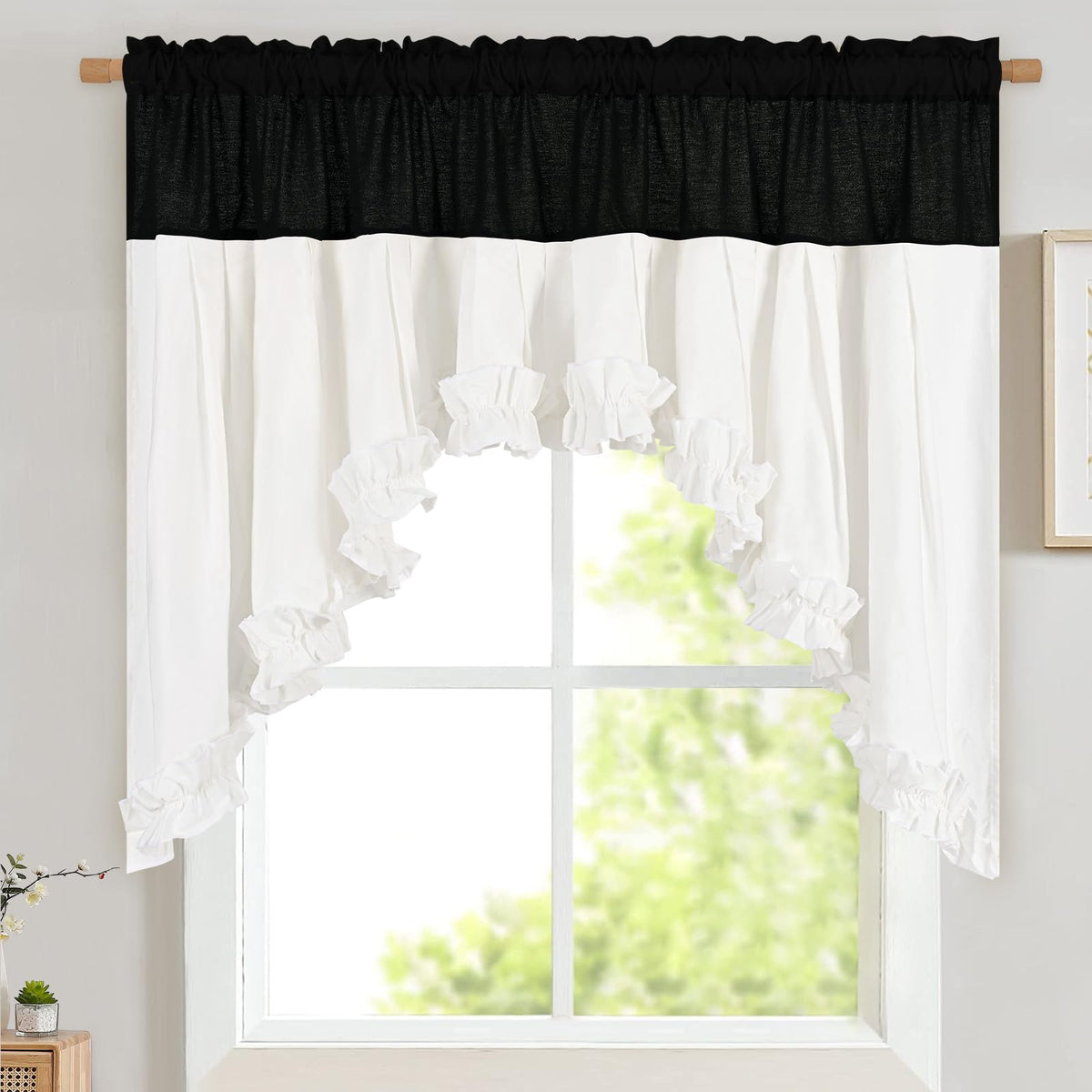 Likiyol Linen Valances for Windows Farmhouse Ruffle Swag Valance Rustic Country Window Valances Light Filtering Kitchen Curtains Rod Pocket Valance Curtains for Bathroom Cafe, Green, 60" W x 36" L