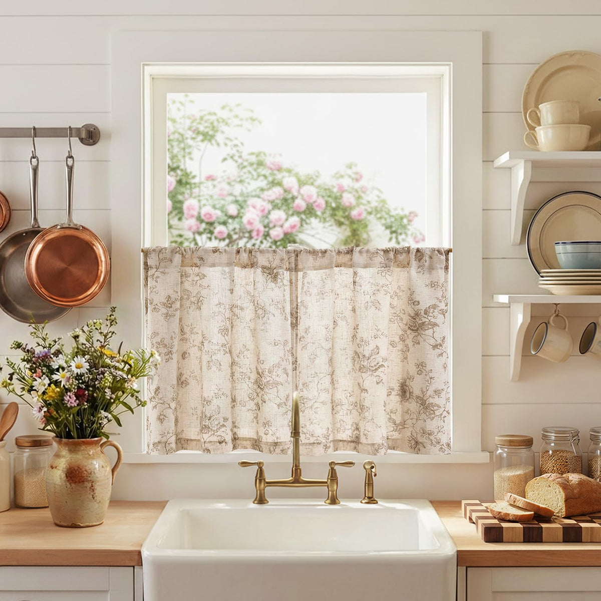 jinchan Floral Linen Kitchen Tier Curtains, 36 Inch, 2 Panels, Taupe