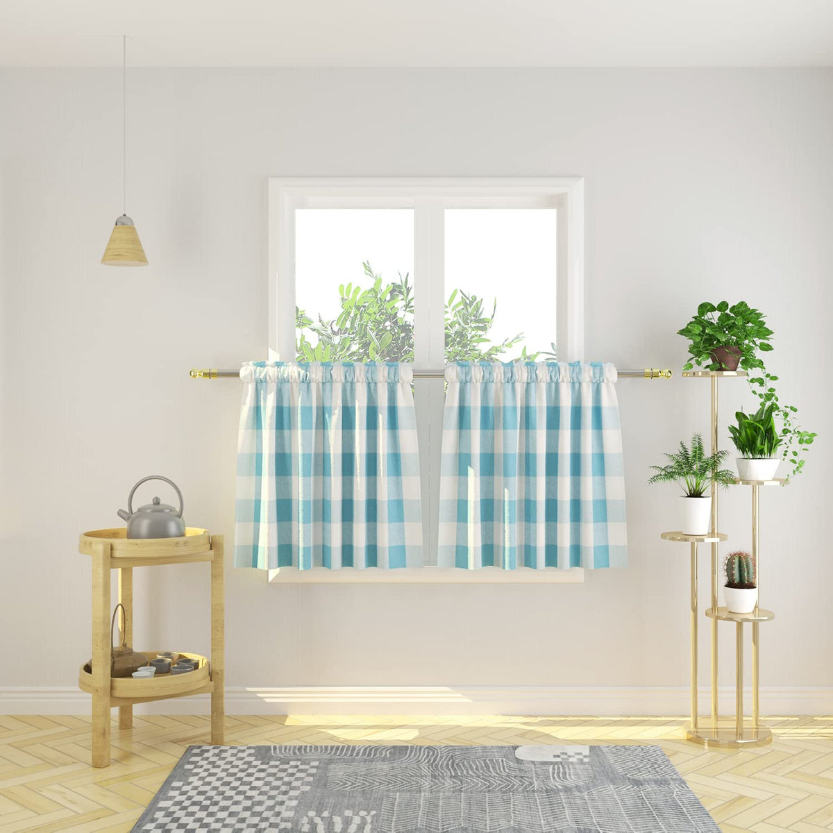 Buffalo Check Kitchen Tier Curtain 24 inches Long Plaid Gingham Rod Pocket Classic Cafe Curtains Country Farmhouse Kitchen Half Window Curtains 2 Panels Beige & White