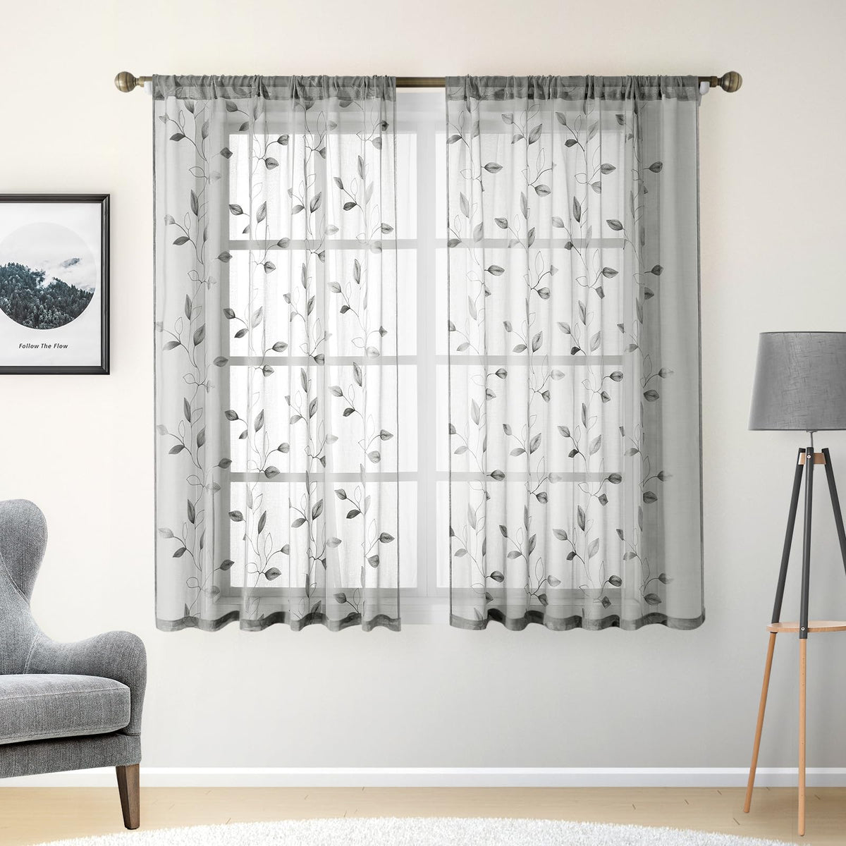 HOMEIDEAS Sage Green Kitchen Tier Curtains Leaf Embroidered, 30x36, 2 Panel