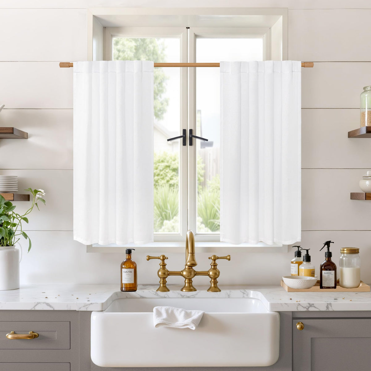 BGment White Linen Kitchen Curtains 40 Inch Length for Short Window