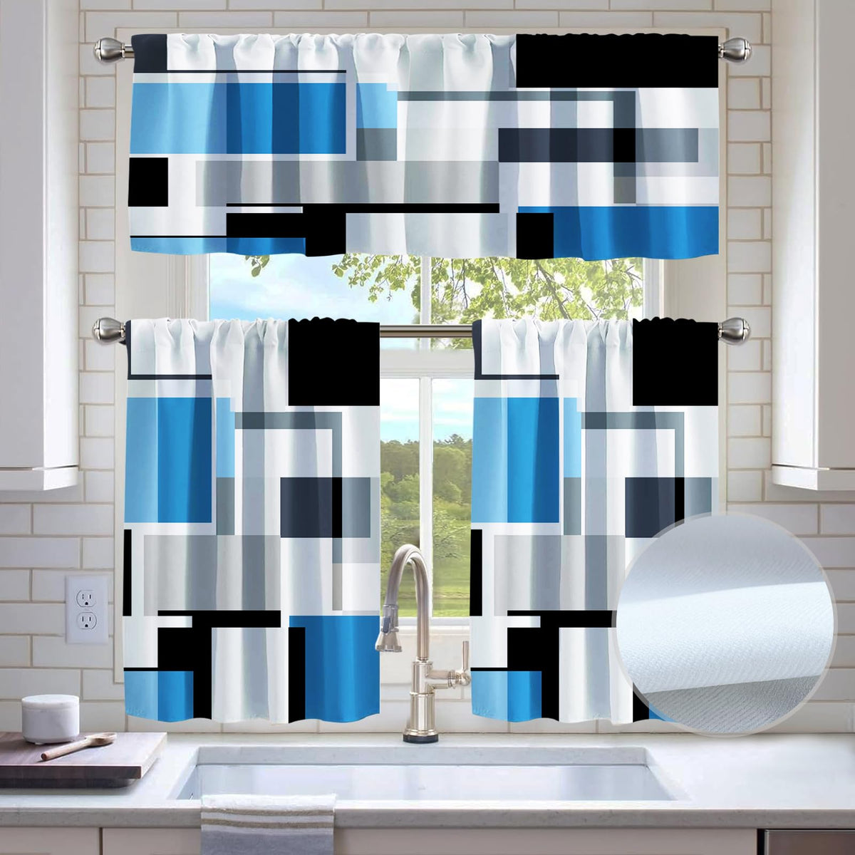 Kitchen Curtains Sets for Windows,52x36 Inch 3 Piece,Green Marble