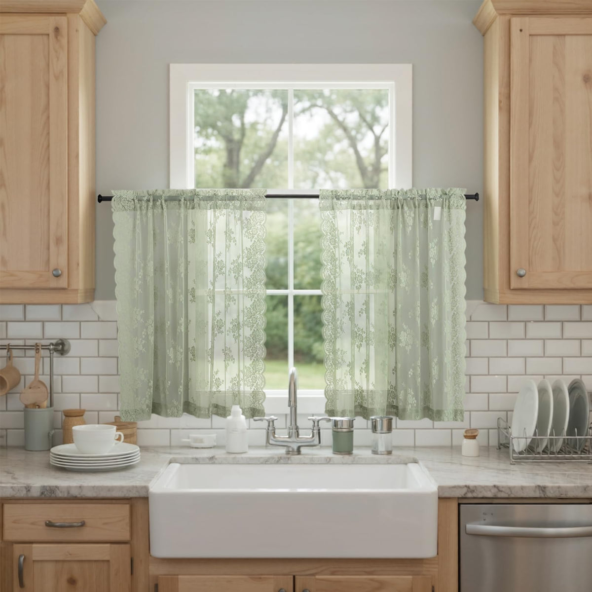Kotile Short Beige Lace Curtains for Kitchen Windows W42xL45 Inch, 2 Panels