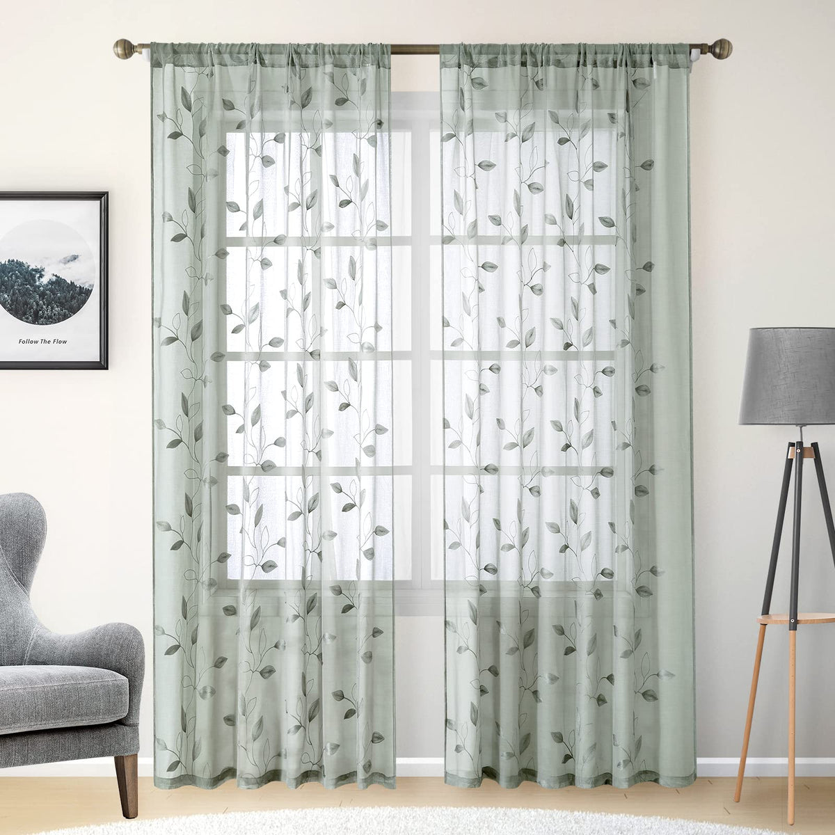 HOMEIDEAS Sage Green Kitchen Tier Curtains Leaf Embroidered, 30x36, 2 Panel