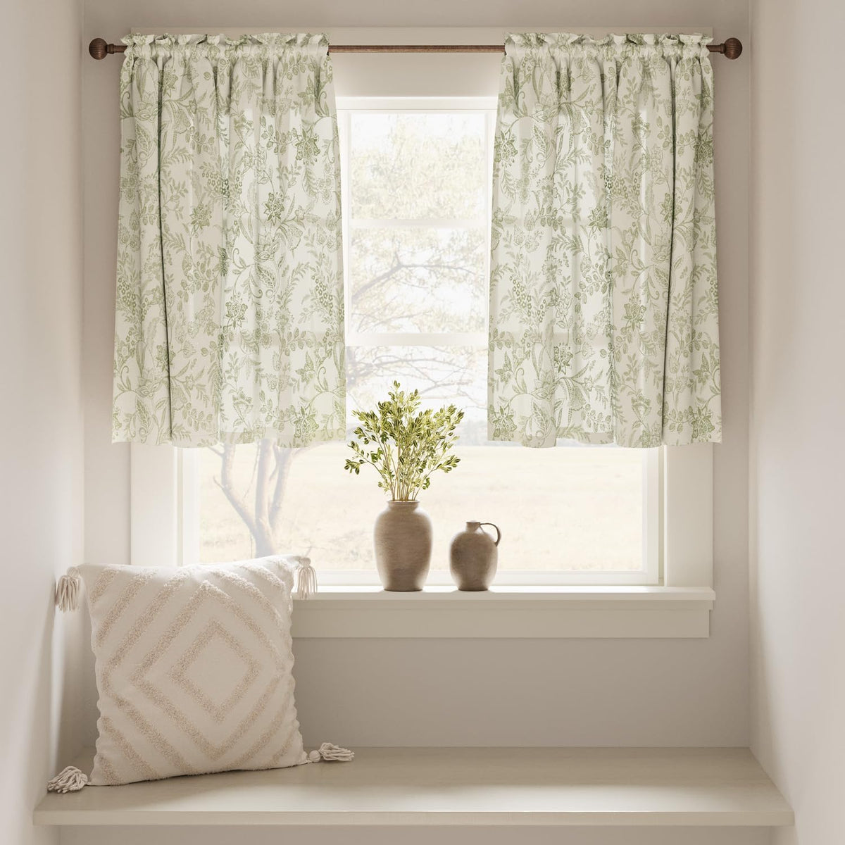 jinchan Floral Kitchen Tier Curtains 24 Inch 2 Panels Sage Green on Beige