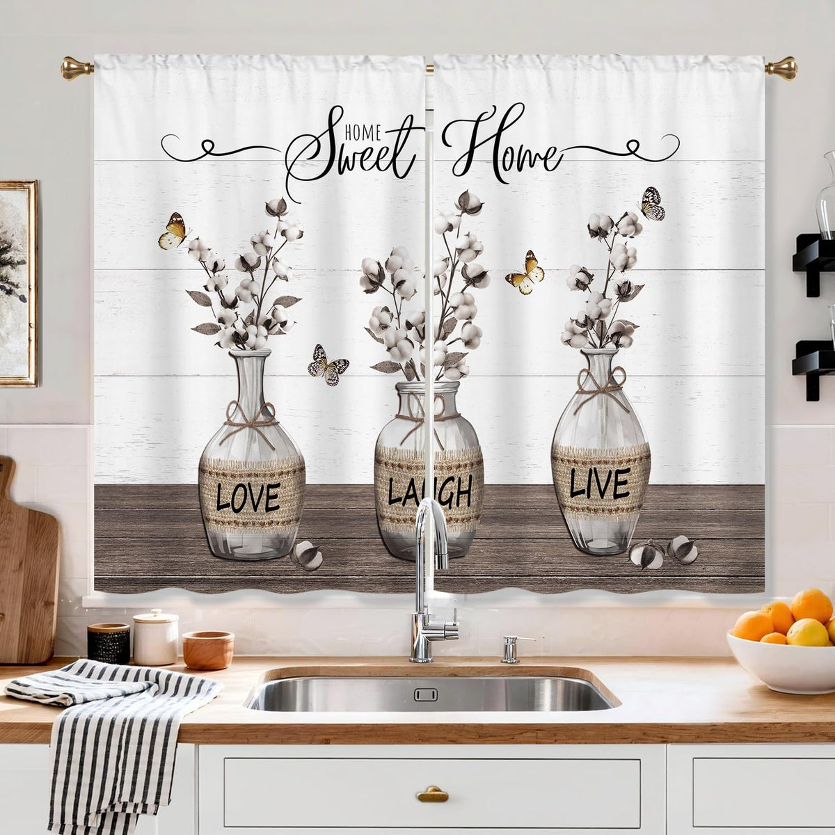 Farmhouse Sunflower Kitchen Curtain Rustic Small Short Cafe Window Curtains Country Wooden Barn Inspirational Bathroom Window Drapes Treatment Tier Curtains 2 Panels (27.5x39 Inch)