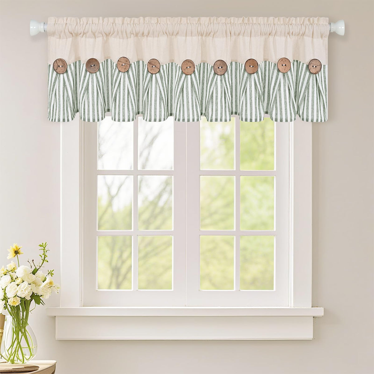 ASPMIZ Cotton Linen Kitchen Valance Curtains, Boho Rustic Button Linen Valances for Windows Farmhouse, Black with Grey Stripe Valance Window Topper Treatment Window Valances for Bathroom, 52 x 18 Inch
