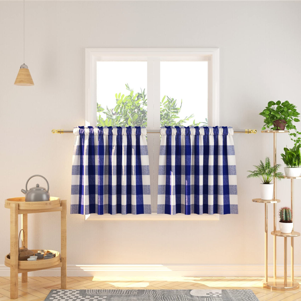 Buffalo Check Kitchen Tier Curtain 24 inches Long Plaid Gingham Rod Pocket Classic Cafe Curtains Country Farmhouse Kitchen Half Window Curtains 2 Panels Beige & White