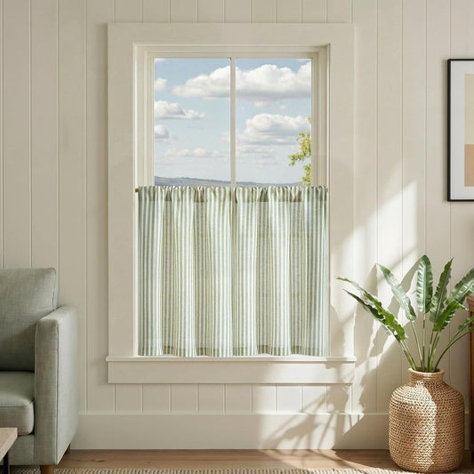 jinchan Striped Linen Kitchen Tier Curtains, 30 Inch, Sage Green, 2 Panels