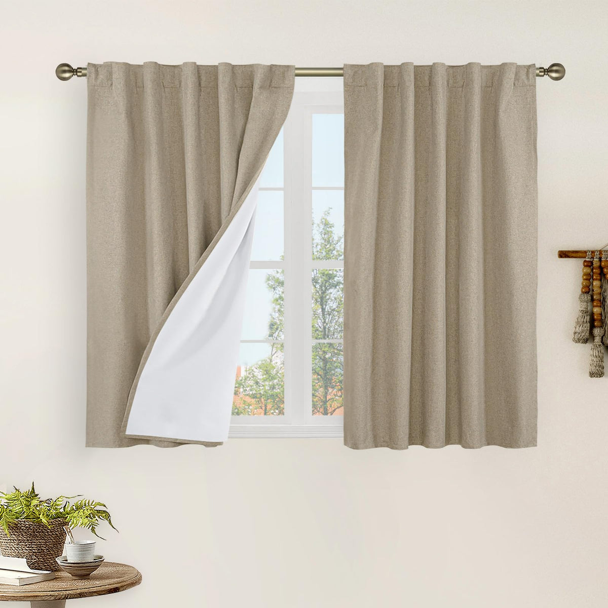 LAMIT Full Blackout Linen Kitchen Window Curtains 36 Inches Long, Ivory