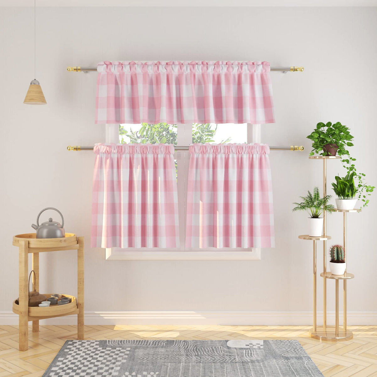 3 Pieces Tier Curtains and Valance Set Buffalo Check Kitchen Tiers Plaid Gingham Rod Pocket Classic Short Small Cafe Curtains Country Farmhouse Cafe Bathroom 54"x18"/27"x24" Brown & White