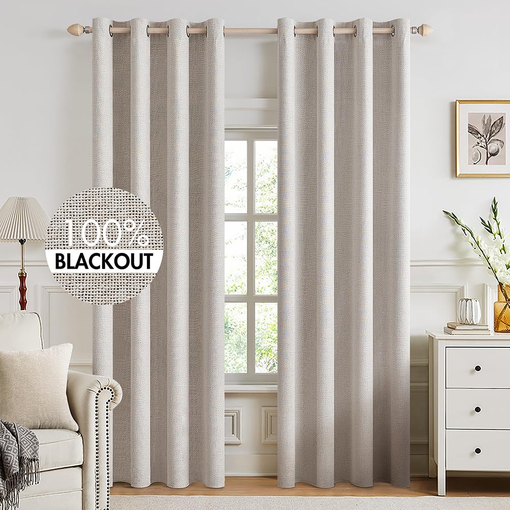 MIULEE 100% Blackout Linen Curtains for Bedroom 52x54 Inches Natural Beige