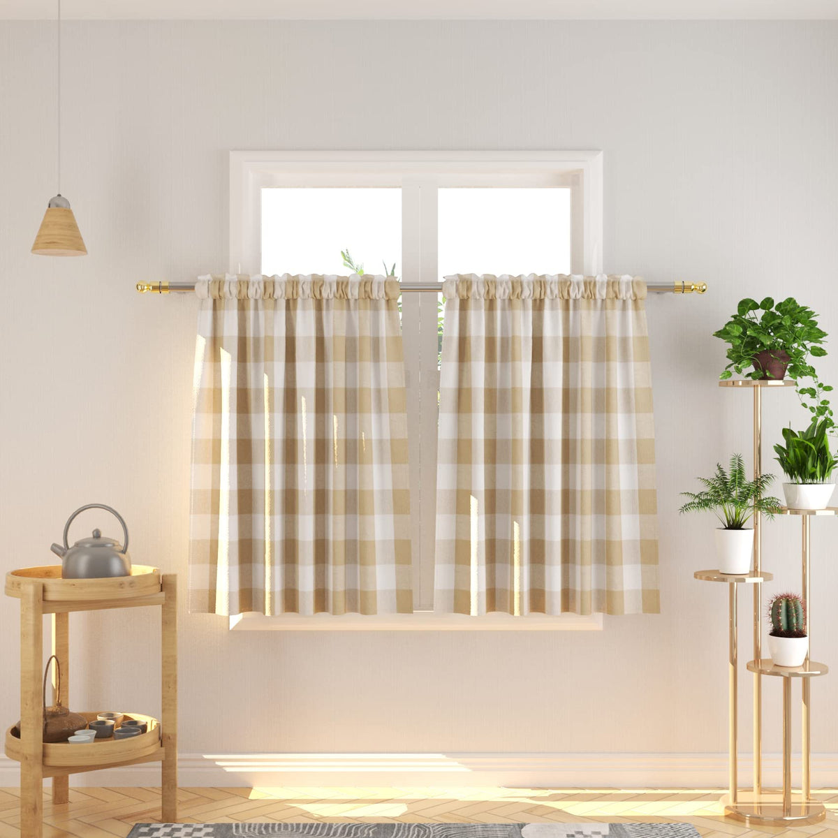 Buffalo Check Kitchen Tier Curtain 24 inches Long Plaid Gingham Rod Pocket Classic Cafe Curtains Country Farmhouse Kitchen Half Window Curtains 2 Panels Beige & White