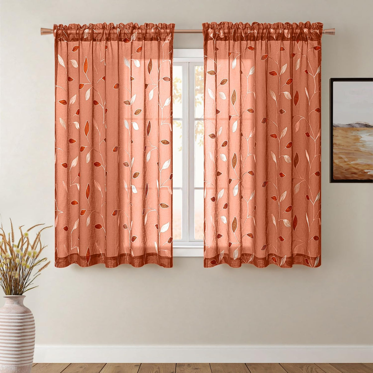 MIULEE Beige Sheer Curtains 2 Panels Embroidered Leaf Patterned, W52 x L63