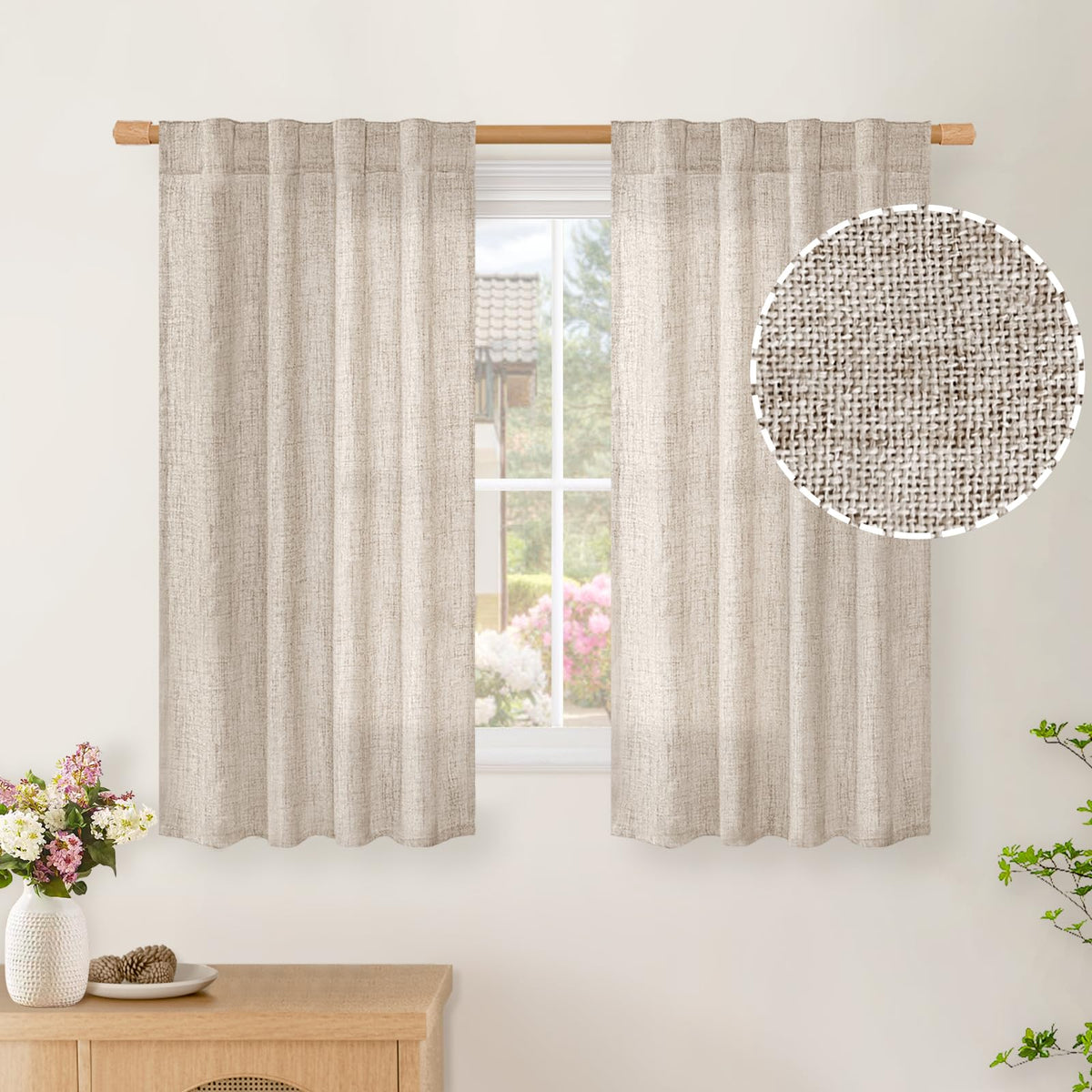 BGment White Linen Kitchen Curtains 40 Inch Length for Short Window