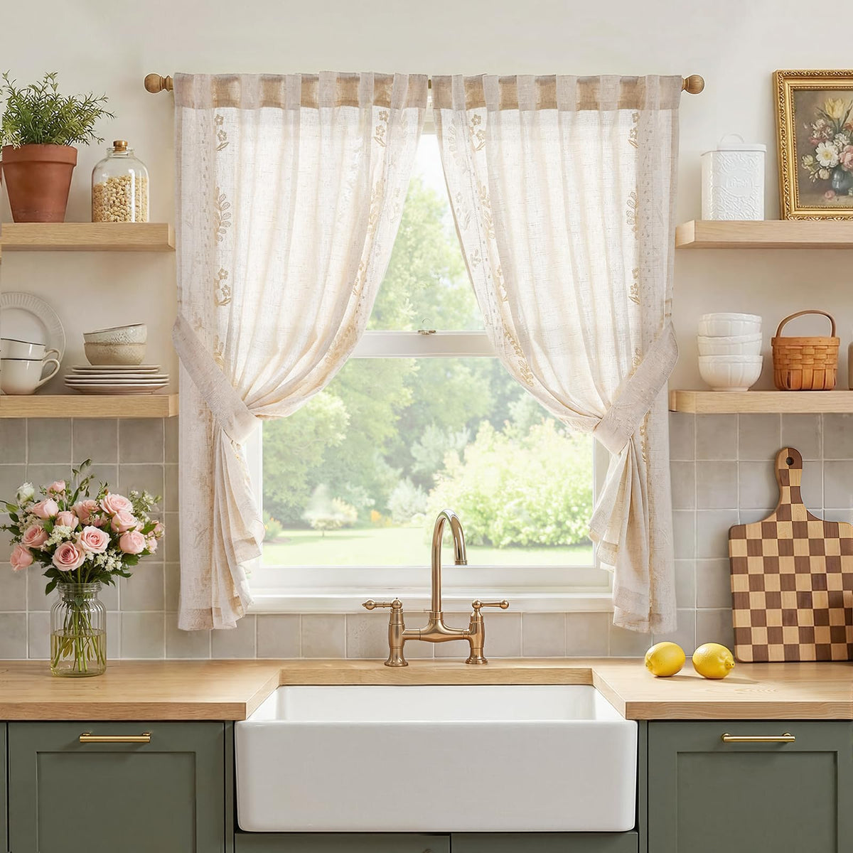 jinchan Green Floral Linen Kitchen Tier Curtains 50x45 Inch 2 Panels