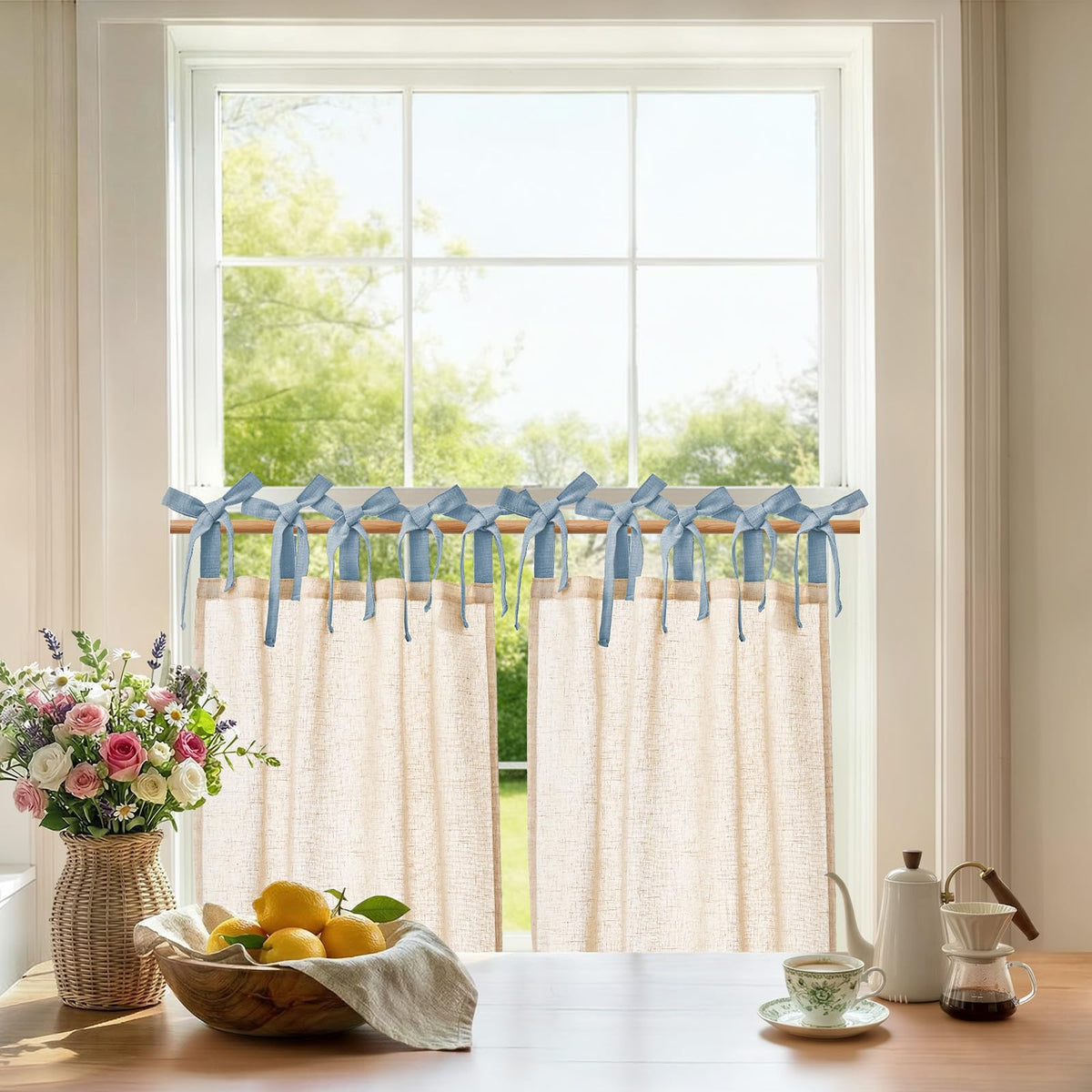 jinchan Solid Linen Kitchen Tier Curtains 24 Inches Tie Top 2 Panles Crude