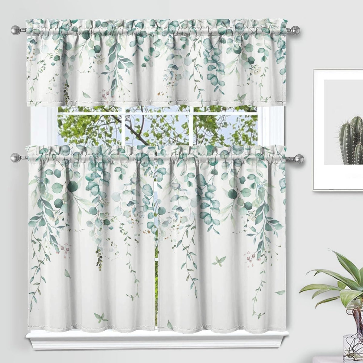 Sage Kitchen Curtain Valance 3 Piece Set, Sage Leaf Floral Kitchen Decor for Home Interior, Farmhouse Style Sink Window Curtains 36 Inch