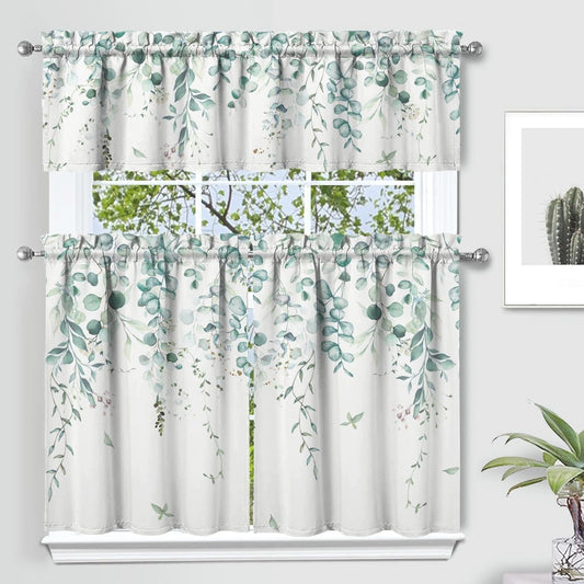 Sage Kitchen Curtain Valance 3 Piece Set, Sage Leaf Floral Kitchen Decor for Home Interior, Farmhouse Style Sink Window Curtains 36 Inch