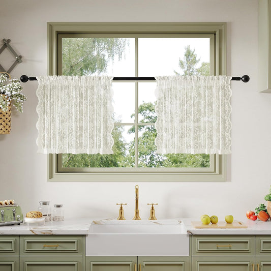 Anmao Vintage Lace Kitchen Curtains 24 Inches Long 2 Panels, Romantic Semi Sheer Floral Over Sink Lacy Cafe Curtain, Elegant Window Short Small Drapes, 55W x 24L, Ivory White