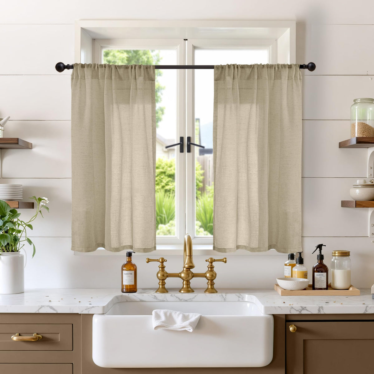 BGment Linen Kitchen Window Curtains Over Sink, 36 Inch Length Cafe Drapes