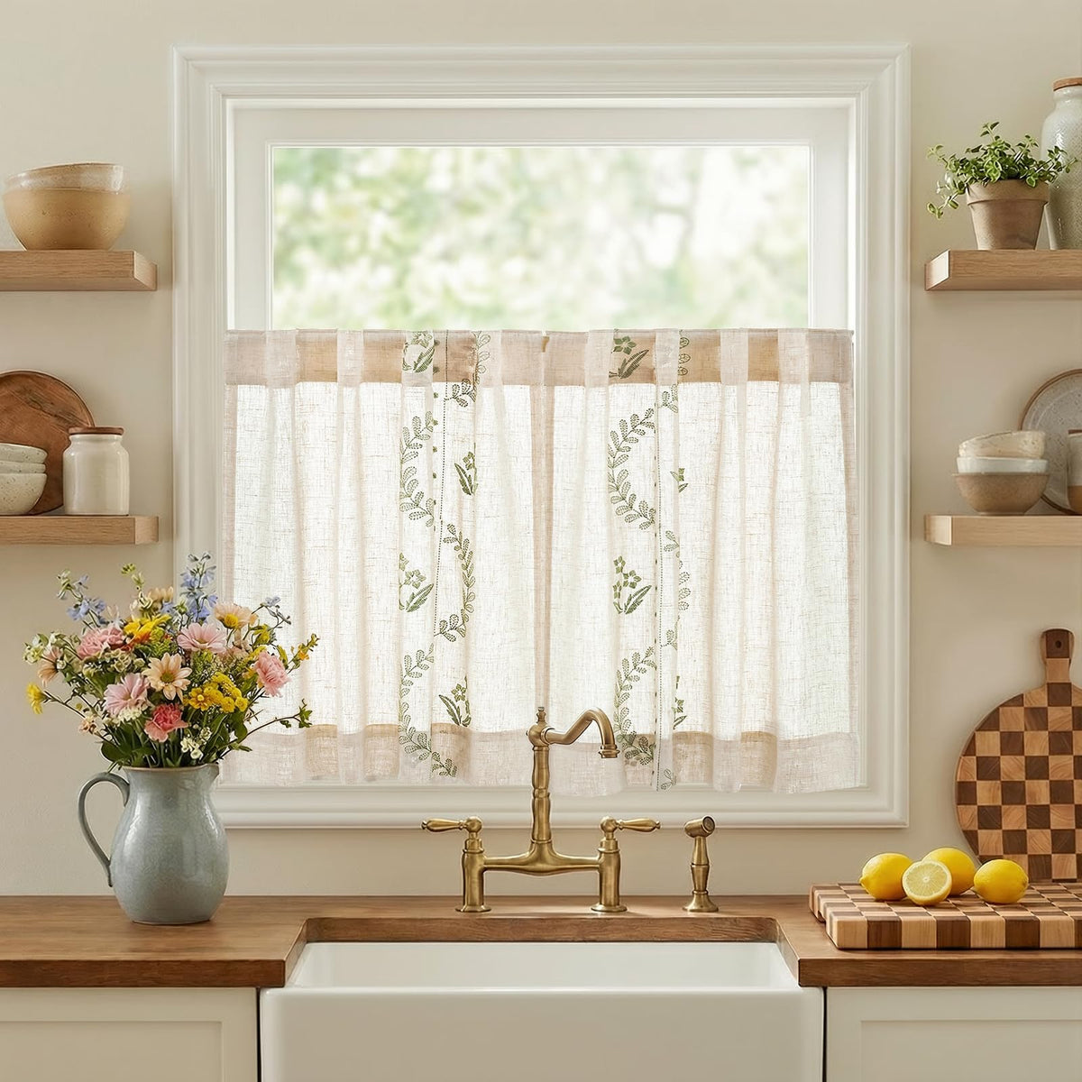 jinchan Sage Floral Linen Kitchen Tier Curtains Back Tab 54×45 2 Panels