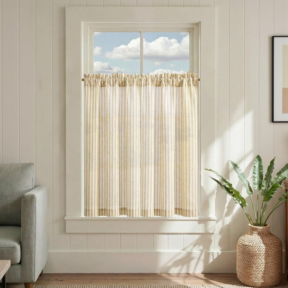 jinchan Striped Linen Kitchen Tier Curtains, 30 Inch, Sage Green, 2 Panels