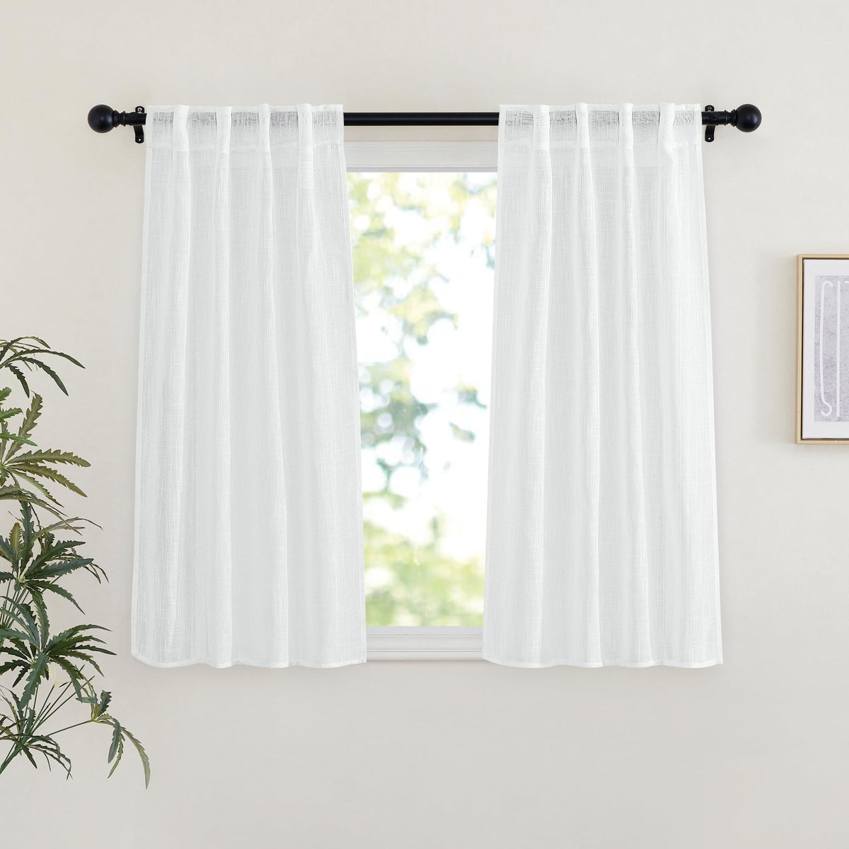 NICETOWN Natural Linen Kitchen Curtains 26 inches Long, Rod Pocket & Back Tab Semi Sheer Flax Window Treatments Rustic & Cute for Cafe/Kids Room, W37 x L26, 2 Panels
