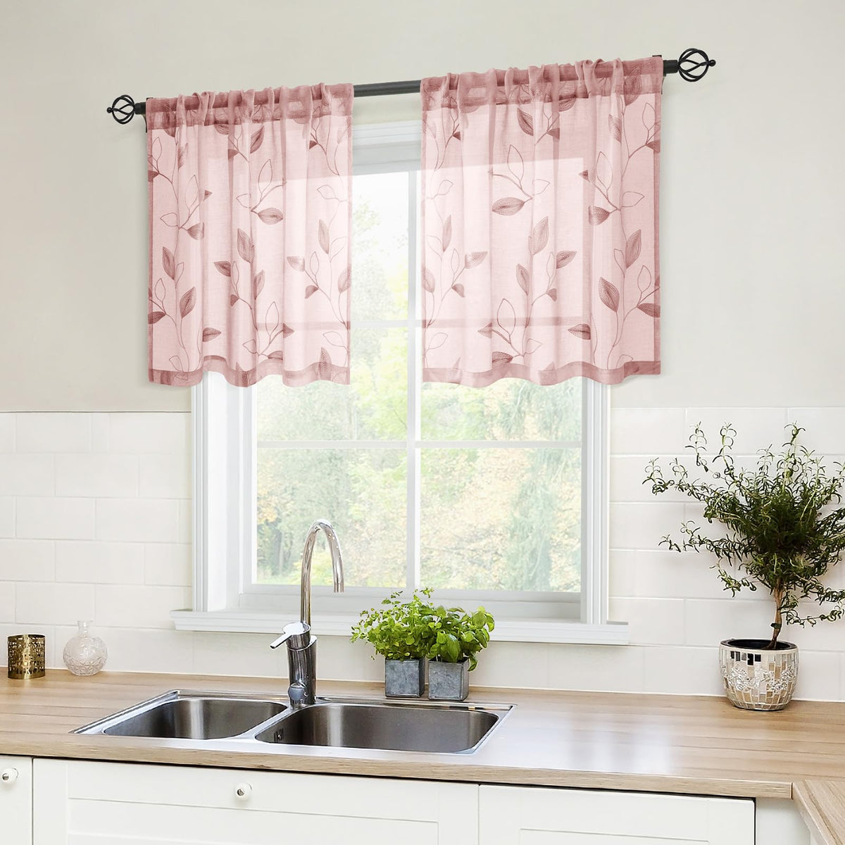 HOMEIDEAS Sage Green Kitchen Tier Curtains Leaf Embroidered, 30x36, 2 Panel