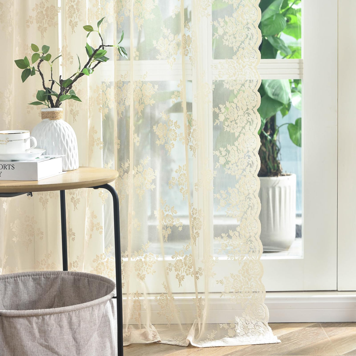 Kotile Short Beige Lace Curtains for Kitchen Windows W42xL45 Inch, 2 Panels