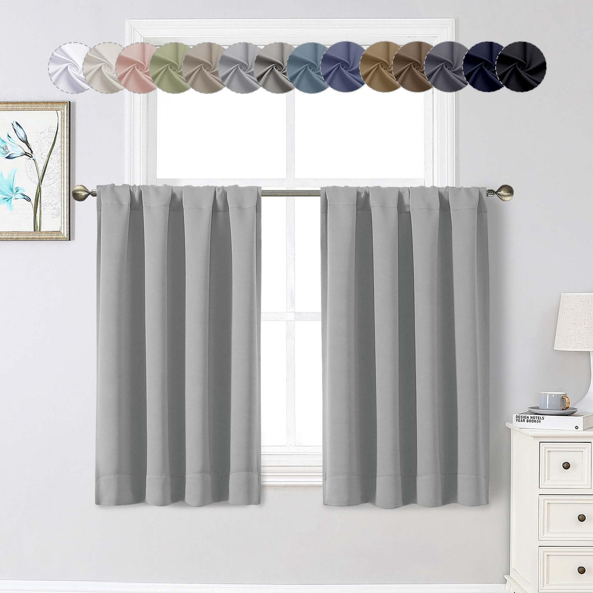 Black Cafe Blackout Curtains 36 Inch Length 2 Panels Set, Soft Solid Thermal Insulated Room Darkening Small Window Curtains for Kitchen Bathroom Basement, Black, Each, 40" Wx36 L